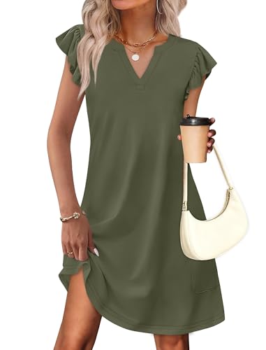 OFEEFAN Spring Summer Dresses for Women 2026 Casual Ruffle Sleeve V Neck Loose Swing Sundresses with Pockets Plain/Print - color: Plain Green, size: Medium