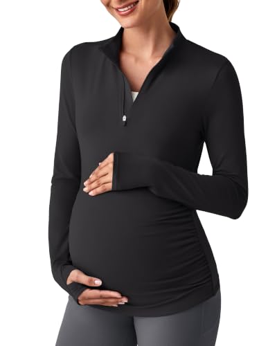 G4Free Lightbreeze Maternity Shirts Long Sleeve Quarter Zip Pregnancy Top - color: Black, size: X-Small