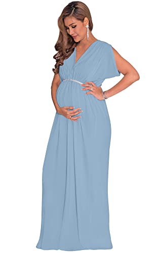 KOH KOH Womens Long Short Sleeve V-Neck Maternity Summer Flowy Maxi Dress - color: Sky Light Blue, size: Medium