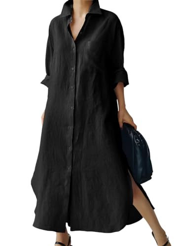 chouyatou Women's Spring Button Down Cotton Shirt Dress Summer Flowy Side Slit Maxi Shift Dress - color: Black, size: Medium