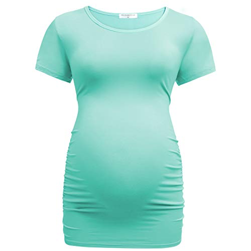 Bearsland Womens Maternity Tshirt 3 Packs Classic Side Ruched Tee Top Mama Pregnancy Clothes - color: Russetred++graywitstrip+mintgreen(3pcs), size: Medium