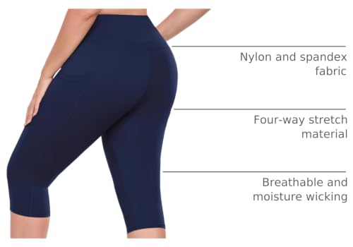 16" Womens Plus Size Capri Yoga Pants with Pockets 16" Knee Length - color: Navy Blue, size: Large Plus
