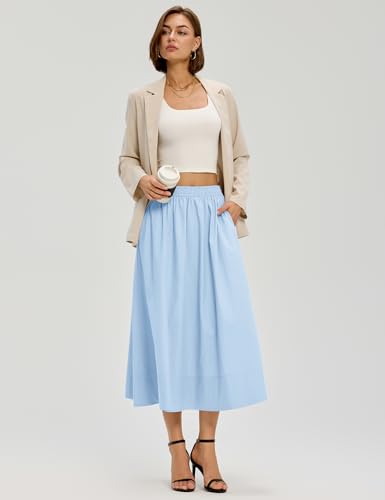 LOMON Midi Skirts for Women with Pockets A-Line Cotton Flowy Elastic Waist - color: Sky Blue, size: Small