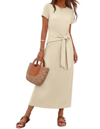 MEROKEETY Women's Summer T Shirt Casual Work Wrap Maxi Dresses - color: Apricot, size: Medium