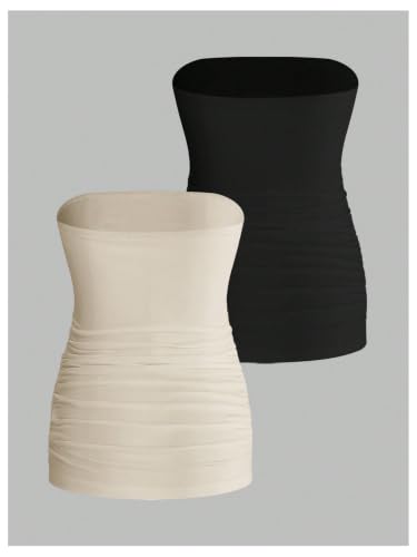 MakeMeChic Women's Maternity Tops 2 Pack Strapless Tube Tops Fall Outfits - color: Black and Khaki, size: Small