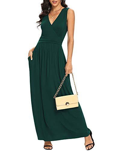 LILBETTER Women Sleeveless Deep V Neck Loose Plain Long Maxi Casual Dress - color: 01 Dark Green, size: Small