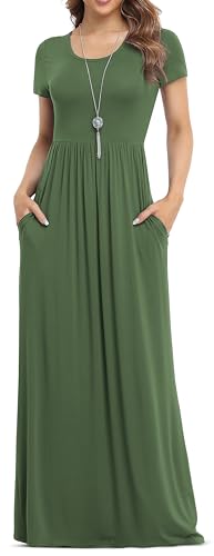 VIISHOW Women's Short Sleeve Loose Plain Maxi Dresses Casual Long Dresses with Pockets - color: Army Green, size: Small
