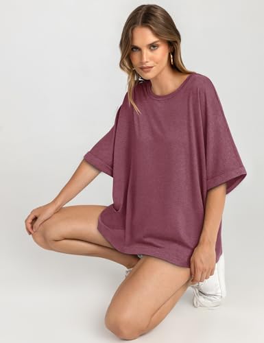 UEU Women's Oversized Crewneck T-Shirt Casual Loose Tunic Tops - color: Heather Rose, size: Small