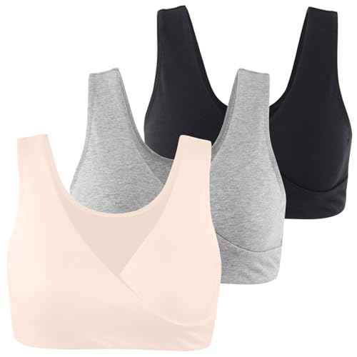 Women's Cotton Wireless Sleep Bra for Nursing and Maternity - color: Black+grey+ Apricot, size: Large