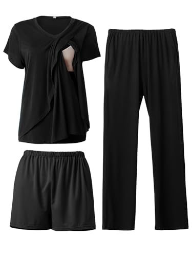 Rnxrbb 3 PCS Women Nursing Pajamas Set Postpartum Maternity Pj with Pockets - color: Black, size: Medium