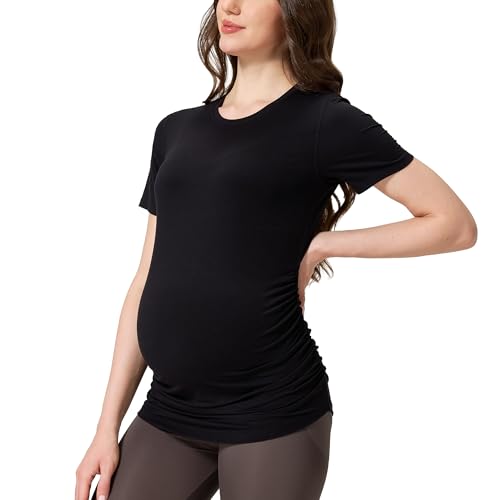 netdraw Buttery Soft Bamboo Viscose Maternity T Shirt, Pregnancy Short Sleeve Side Ruched Casual Tops - color: Black, size: Small
