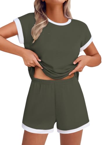Ekouaer Two Piece Sets for Women Summer Striped Lounge Set Vacation Outfit - color: Olive Green, size: Small