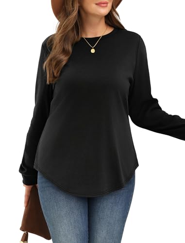 WIHOLL Sweatshirt for Women Crewneck Long Sleeve Shirts Curved Hem Lightweight Sweaters Fall Clothes 2025 - color: Black, size: Medium