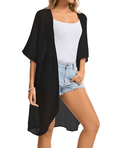Kimonos for Women Swimsuit Coverup Beach Casual Outfits Summer Cardigans - color: Black, size: Medium