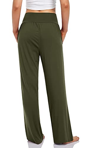 UEU Women's Wide Leg Lounge Pants High Waisted Casual Pants with Pockets - color: Army Green, size: Medium