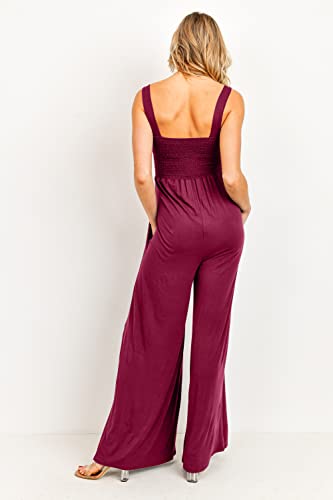 Women's Maternity Sleeveless Jumpsuit Romper with Smocked neck and pockets - color: Magenta, size: X-Large