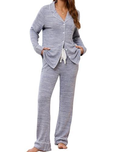Leikar Button Up Pajama Set For Women Long Sleeve Shirt And Pajama Pants Soft Pjs Lounge Sets - color: A-thickened Blue, size: Large