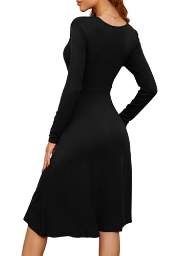WEACZZY Women's Long Sleeve V Neck Casual Fall Dresses with Pockets - color: 01 Long Sleeve Black, size: XX-Large