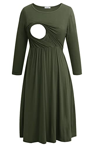 Smallshow Women's 3/4 Sleeve Maternity Nursing Dress for Breastfeeding - color: Army Green, size: Large