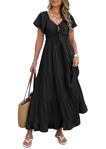 ECOWISH Womens Summer Maxi Dress 2026 Flutter Short Sleeve V Neck Tie Front Wedding Guest Vacation Tiered Flowy Dresses - color: Black, size: Medium