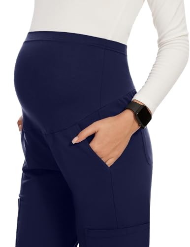 AMPOSH Women's Maternity Scrub Pants with 6 Pockets Stretchy Straight Leg Pregnancy Workwear - color: Black/Navy, size: X-Large