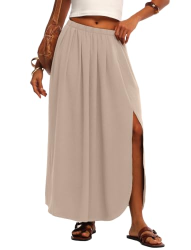 HiMONE Womens Maxi Skirt High Waisted Flowy A Line with Side Slit - color: Apricot, size: XX-Large