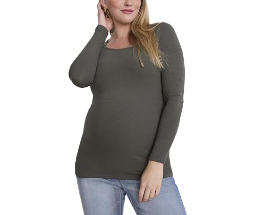 Motherhood Maternity Women's Long Sleeve Square Neck Ribbed Pregnancy T-Shirt - color: Thyme, size: Medium