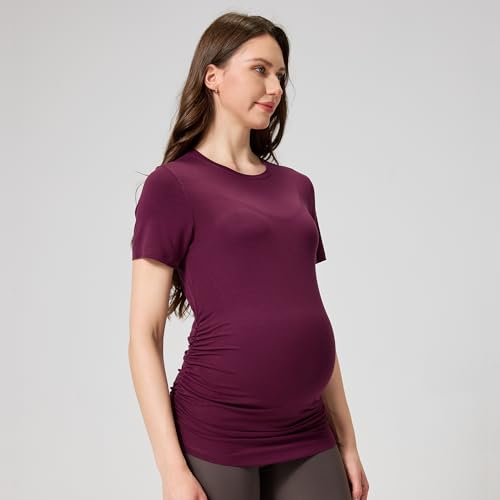 netdraw Buttery Soft Bamboo Viscose Maternity T Shirt, Pregnancy Short Sleeve Side Ruched Casual Tops - color: Claret, size: Large