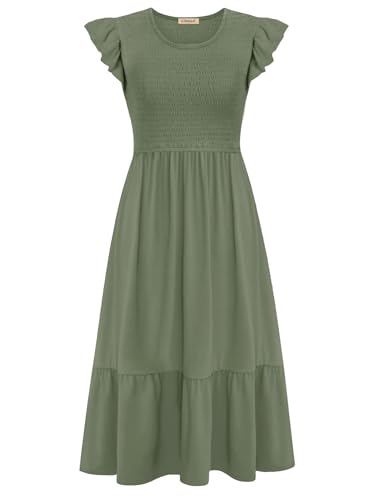 CzzzyL Women's Nursing Dress Flutter Sleeve Crew Neck Smocked Midi Pockets - color: Green, size: X-Large