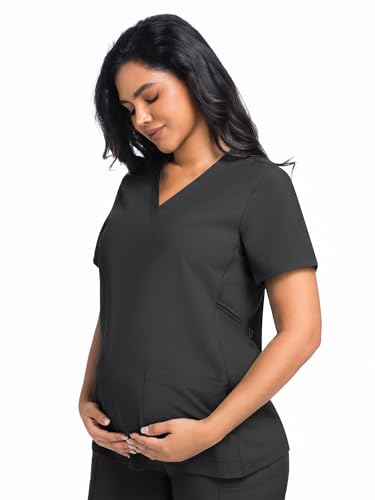 COZYFIT Maternity Scrub Top, V-Neck Pregnancy Shirt with 2 Pockets - color: Dark Grey, size: Small