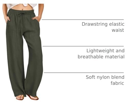 FireSwan Linen Pants Women Drawstring Elastic Waist Wide Leg Palazzo Pants - color: Green, size: X-Large