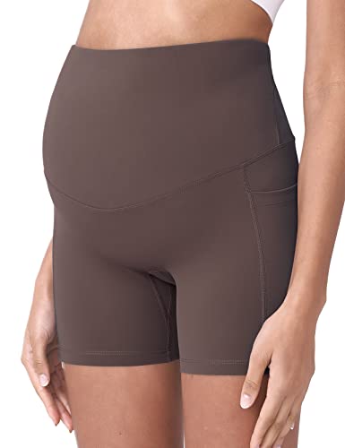 POSHDIVAH Maternity Biker Shorts Over the Belly with Pockets 5"/8" - color: Dark Brown, size: Medium