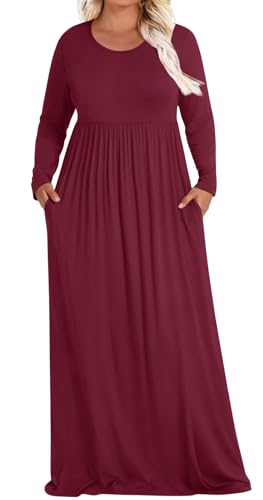 POPYOUNG Womens Plus Size Maxi Dresses Curvy Long Sleeve Fall Dress Outfits - color: 04-wine Red, size: 3X-Large