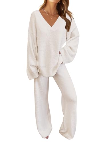 MEROKEETY Women's Fall Fleece 2 Piece Outfits Pajama Lounge Sets - color: Beige, size: Large
