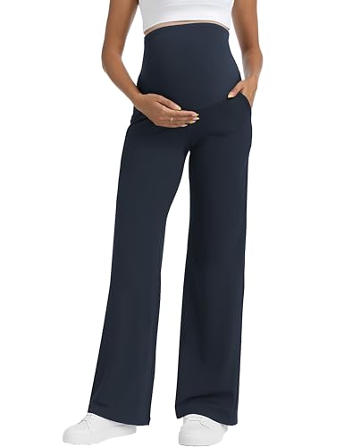 Foucome Womens Maternity Pants Wide Leg Yoga Dress Work Pants - color: Navy Blue, size: X-Large