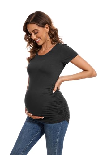 Smallshow Women's 4 Pack Maternity Shirts Short Sleeve Pregnancy Tops Clothes - color: Army Green-black-deep Grey-light Grey(4 Pack), size: X-Large