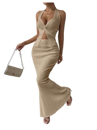 SOLY HUX Women's 2 Piece Outfit Twist Front Halter Cami Skirt Summer Set - color: Plain Apricot, size: Medium