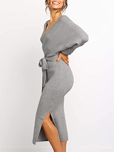 Womens Maxi Sweater Dress Long Sleeve Batwing Wrap V Neck Fall Dresses - color: 1-grey, size: Large