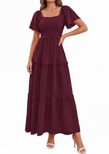 PRETTYGARDEN Womens Summer Dresses Boho Maxi Swiss Dot Dress - color: Wine Red, size: XX-Large