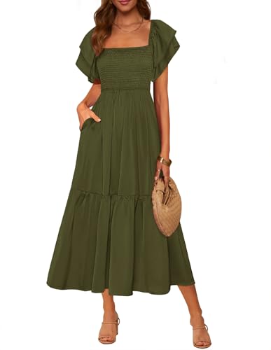 MASCOMODA Womens Summer Casual Smocked Flowy Midi Dress - color: Army Green, size: Small