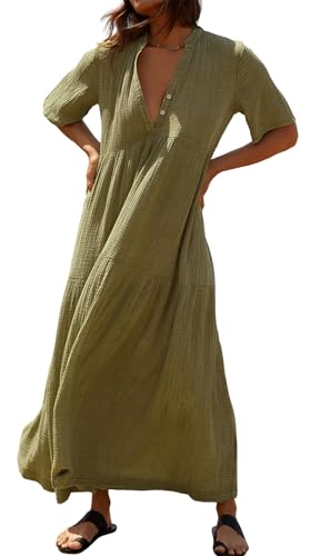 R.Vivimos Womens Summer Cotton Casual Flowy Maxi Dress - color: Army Green, size: Medium