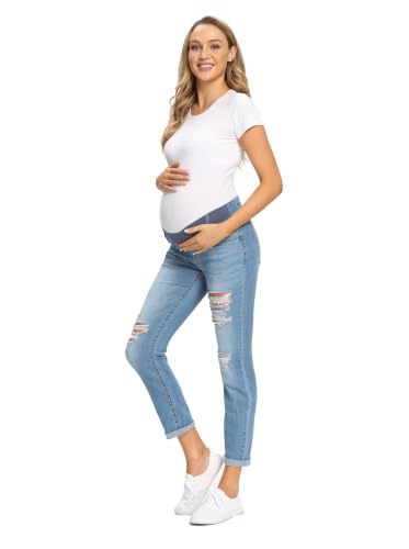 Foucome Women's Maternity Jeans Stretch Ripped Boyfriend Jeans - color: 066# - Blue, size: Large