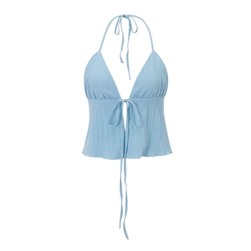Women Front Tie Top Y2k Halter Neck Flowy Summer Going Out Tank Top Streetwear - color: A Blue, size: Medium