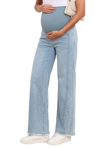 BLENCOT Women Maternity Jeans Bootcut Straight Leg Stretchy Denim Pants - color: Beau Blue, size: Medium
