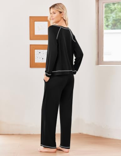 Ekouaer Womens Pajamas Long Sleeve Pjs Soft Loungewear 2 Piece Lounge Sets - color: Black, size: X-Large