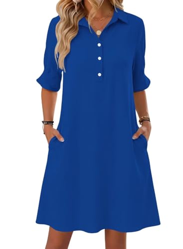 FEKOAFE Womens Casual Dress V Neck Short Sleeve Shift Dresses with Pockets - color: Aa-sapphire Blue, size: Large