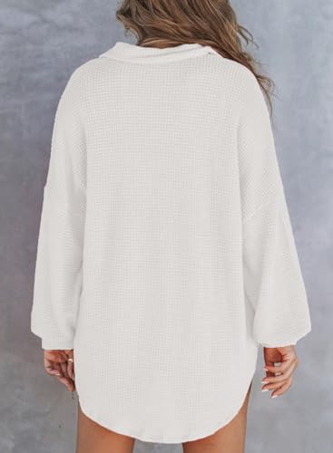 Astylish Women Waffle Knit Tops Henley Shirts - color: White, size: X-Large
