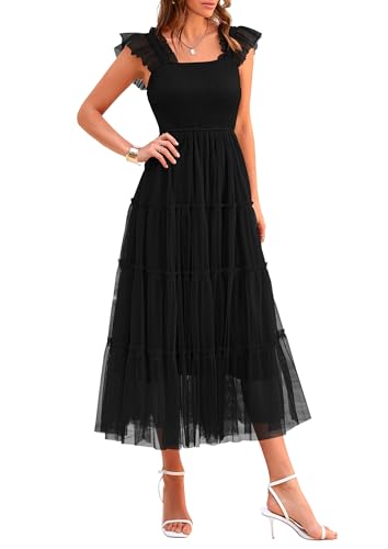 PRETTYGARDEN Women's Summer Smocked Midi Tulle Dress - color: Black, size: Large