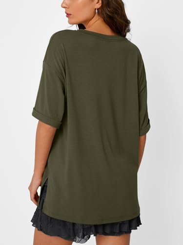 Trendy Queen Plus Size Oversized V Neck Tshirt Tops Workout Wear - color: Army Green, size: X-Large