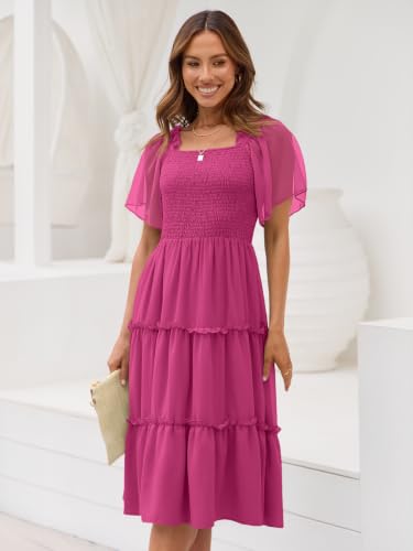 LILLUSORY Women Tiered Flutter Sleeve Square Neck Smocked Midi Dress - color: Hot Pink, size: Small